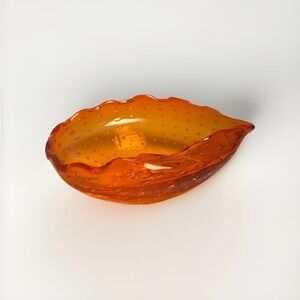 Vintage Murano Style Amber Orange Bullicante Art Glass Bowl Teardrop‎ Shape 6"